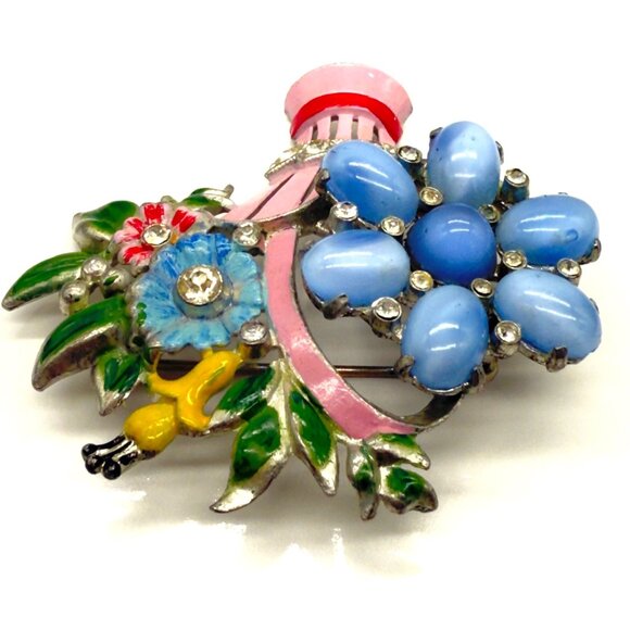 Vintage 1940's CORO Blue Glass Cabochons Enamel Rhinestone Flower Basket Brooch - Picture 5 of 10